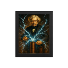 Michael Faraday with crackling electromagnetic coils framed print on a plain backdrop in size 8"x10".