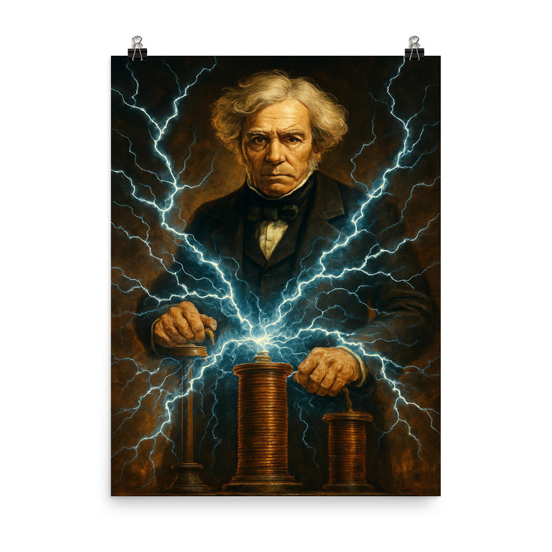 Michael Faraday with crackling electromagnetic coils poster on a plain backdrop in size 8
