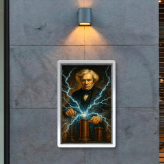 Michael Faraday with crackling electromagnetic coils poster 2