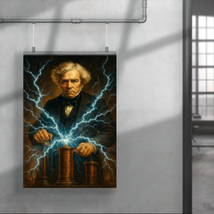 Michael Faraday with crackling electromagnetic coils poster 4