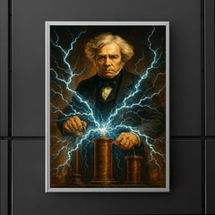 Michael Faraday with crackling electromagnetic coils poster 5