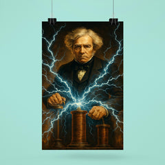 Michael Faraday with crackling electromagnetic coils poster 6