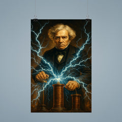 Michael Faraday with crackling electromagnetic coils poster 9