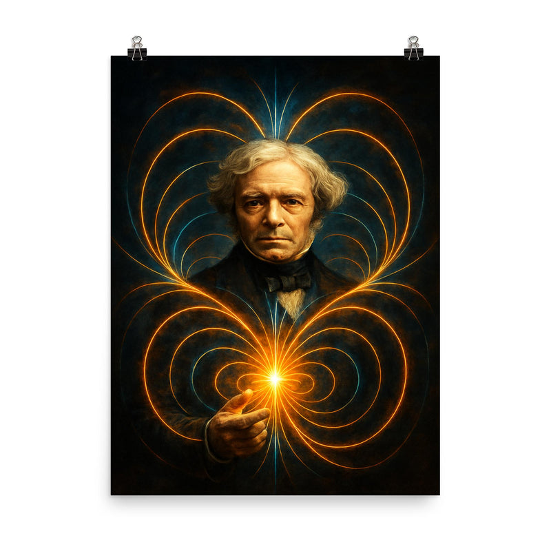 Michael Faraday with luminous field lines poster on a plain backdrop in size 8