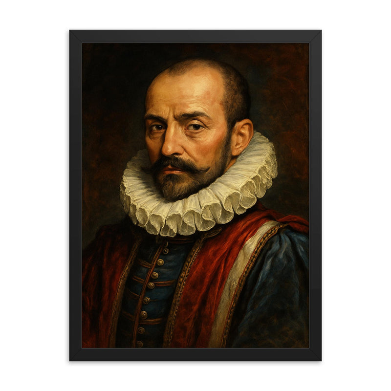 Michel de Montaigne framed print on a plain backdrop in size 18