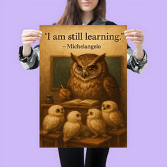 michelangelo i am still learning wise owl with owlets inspiring quote poster poster 3
