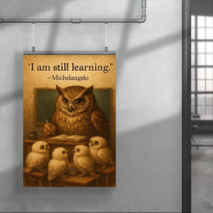 michelangelo i am still learning wise owl with owlets inspiring quote poster poster 4