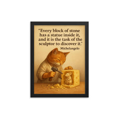 michelangelo quote artist chiseling cheese statue framed print on a plain backdrop in size 12"x16".