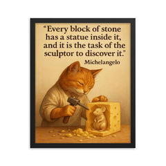 michelangelo quote artist chiseling cheese statue framed print on a plain backdrop in size 16"x20".