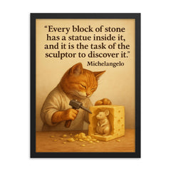 michelangelo quote artist chiseling cheese statue framed print on a plain backdrop in size 18"x24".