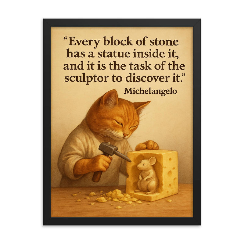 michelangelo quote artist chiseling cheese statue framed print on a plain backdrop in size 18