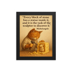 michelangelo quote artist chiseling cheese statue framed print on a plain backdrop in size 8"x10".