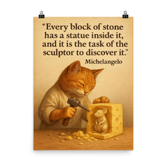 michelangelo quote artist chiseling cheese statue poster on a plain backdrop in size 8"x10".