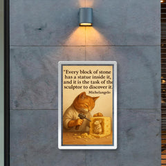 michelangelo quote artist chiseling cheese statue poster 2