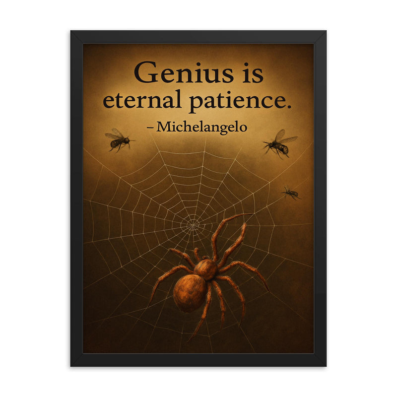 Michelangelo quote genius patience spider weaving perfect web inspiring framed print on a plain backdrop in size 18
