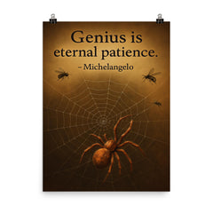 Michelangelo quote genius patience spider weaving perfect web inspiring poster on a plain backdrop in size 8"x10".