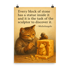 michelangelo quote statue in stone artist chiseling cheese to reveal mouse sculpture poster on a plain backdrop in size 8"x10".
