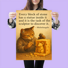 michelangelo quote statue in stone artist chiseling cheese to reveal mouse sculpture poster 3