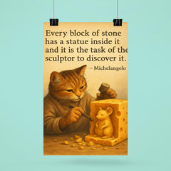 michelangelo quote statue in stone artist chiseling cheese to reveal mouse sculpture poster 6