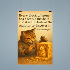 michelangelo quote statue in stone artist chiseling cheese to reveal mouse sculpture poster 9