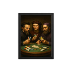 Michelangelo Raphael and Donatello playing poker with tubes of paint framed print on a plain backdrop in size 12"x16".