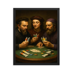 Michelangelo Raphael and Donatello playing poker with tubes of paint framed print on a plain backdrop in size 16"x20".