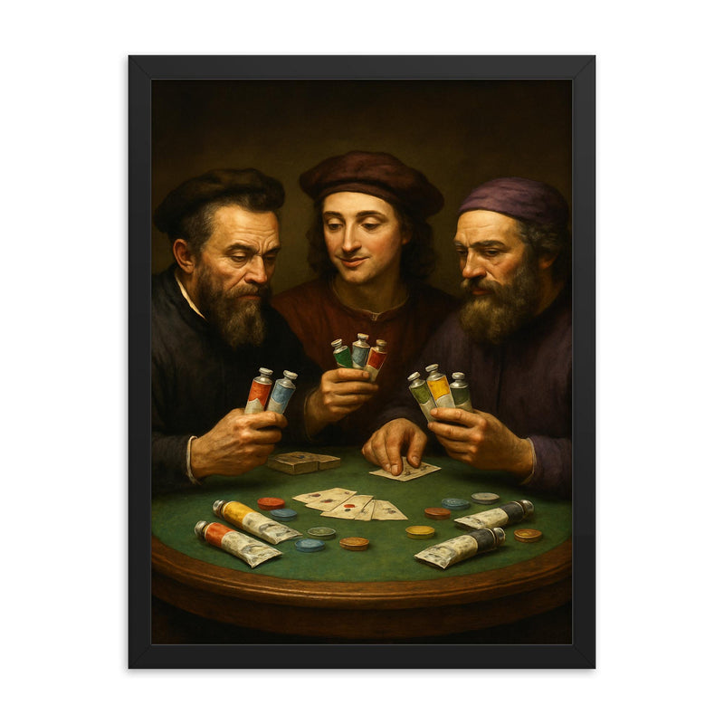 Michelangelo Raphael and Donatello playing poker with tubes of paint framed print on a plain backdrop in size 18