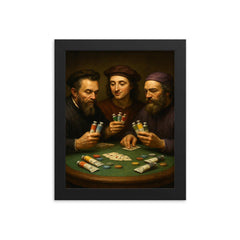 Michelangelo Raphael and Donatello playing poker with tubes of paint framed print on a plain backdrop in size 8"x10".