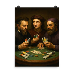 Michelangelo Raphael and Donatello playing poker with tubes of paint poster on a plain backdrop in size 8"x10".