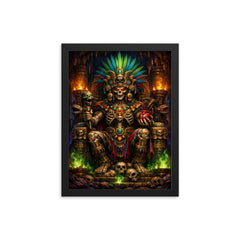 Mictlantecuhtli in jewel toned underworld throne framed print on a plain backdrop in size 12"x16".