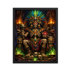 Mictlantecuhtli in jewel toned underworld throne framed print on a plain backdrop in size 16"x20".