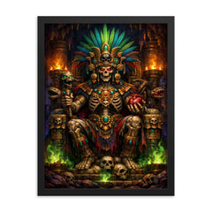 Mictlantecuhtli in jewel toned underworld throne framed print on a plain backdrop in size 18"x24".