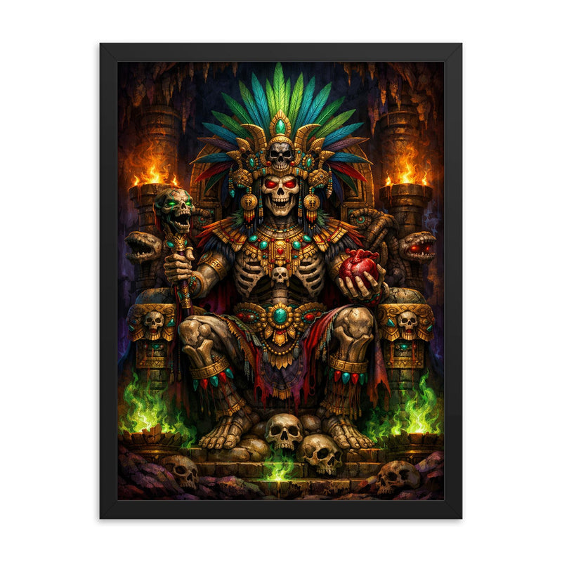 Mictlantecuhtli in jewel toned underworld throne framed print on a plain backdrop in size 18