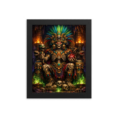 Mictlantecuhtli in jewel toned underworld throne framed print on a plain backdrop in size 8"x10".