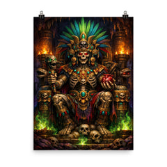 Mictlantecuhtli in jewel toned underworld throne poster on a plain backdrop in size 8"x10".