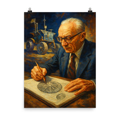 Mieczysław Bekker sketching lunar rover wheels poster on a plain backdrop in size 8"x10".