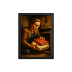 Miep Gies hiding Anne Frank papers framed print on a plain backdrop in size 12"x16".