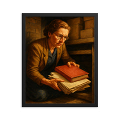 Miep Gies hiding Anne Frank papers framed print on a plain backdrop in size 16"x20".