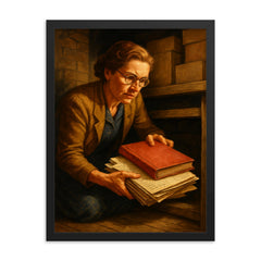 Miep Gies hiding Anne Frank papers framed print on a plain backdrop in size 18"x24".