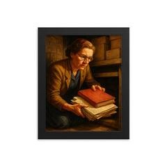 Miep Gies hiding Anne Frank papers framed print on a plain backdrop in size 8"x10".