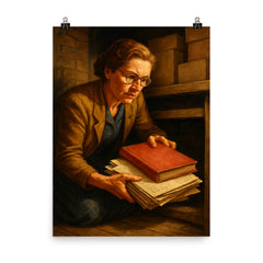 Miep Gies hiding Anne Frank papers poster on a plain backdrop in size 8"x10".
