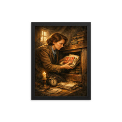 Miep Gies hiding Anne Frank's papers framed print on a plain backdrop in size 12"x16".