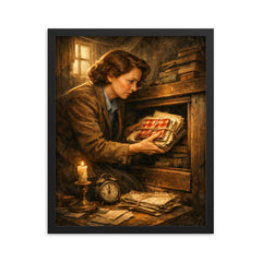 Miep Gies hiding Anne Frank's papers framed print on a plain backdrop in size 16"x20".