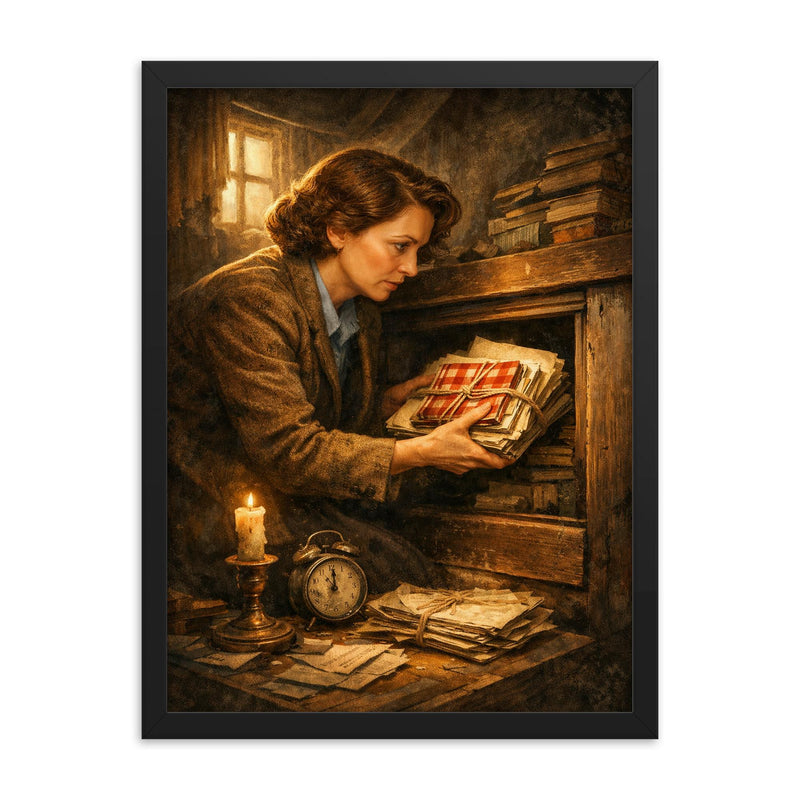 Miep Gies hiding Anne Frank's papers framed print on a plain backdrop in size 18
