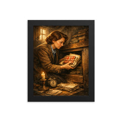 Miep Gies hiding Anne Frank's papers framed print on a plain backdrop in size 8"x10".