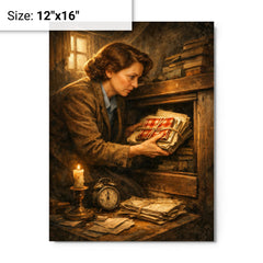 Miep Gies hiding Anne Frank's papers metal print on a plain backdrop in size 12"x16".