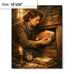 Miep Gies hiding Anne Frank's papers metal print on a plain backdrop in size 16"x20".