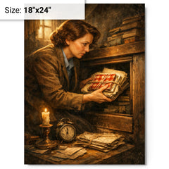 Miep Gies hiding Anne Frank's papers metal print on a plain backdrop in size 18"x24".
