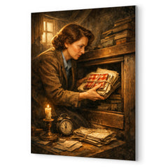 Miep Gies hiding Anne Frank's papers metal print mockup