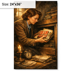Miep Gies hiding Anne Frank's papers metal print on a plain backdrop in size 24"x36".
